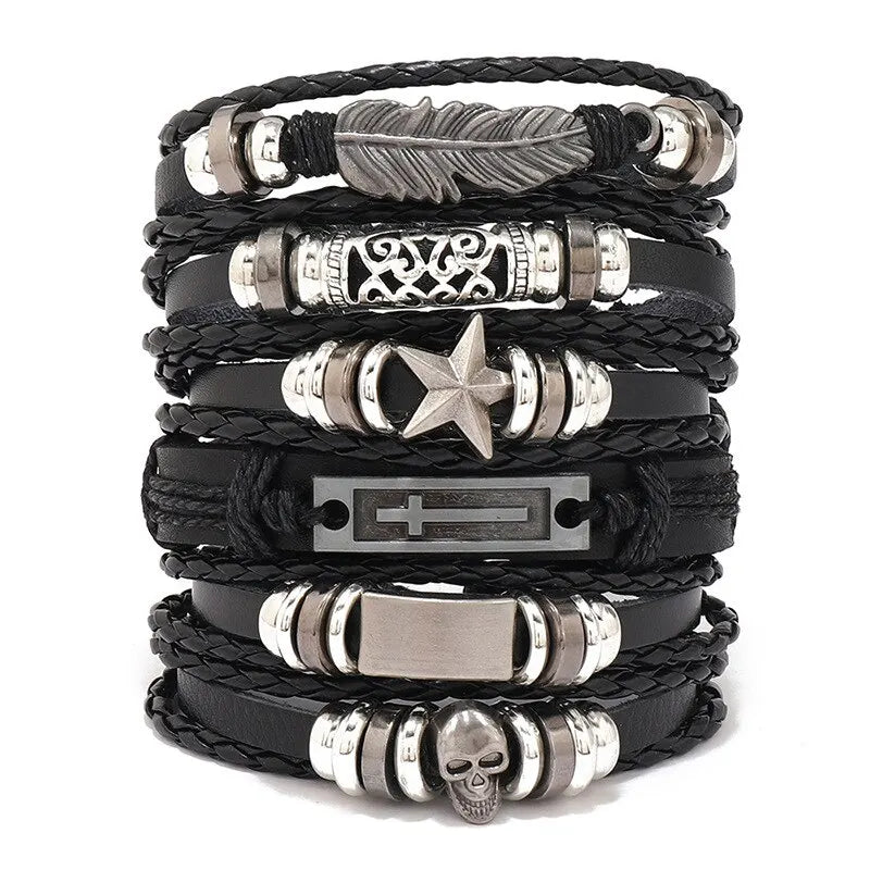 Men's Viking Leather Bracelet Woven Skull Adjustable Cuff