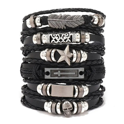 Men's Viking Leather Bracelet Woven Skull Adjustable Cuff
