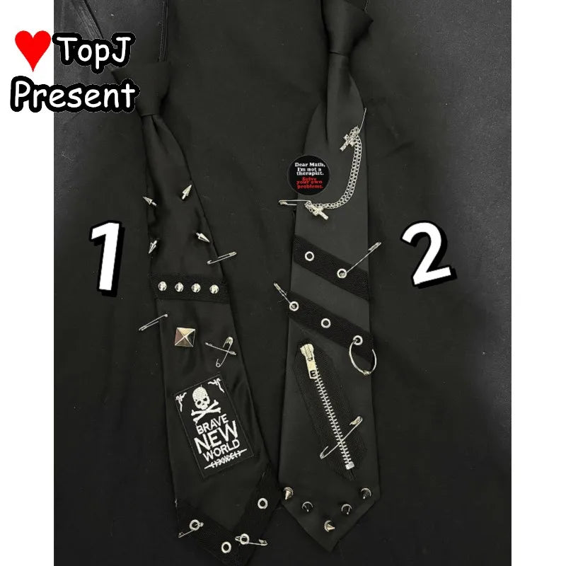 Unisex Harajuku Gothic Punk Y2K JK Tie | Skull Rivet Lazy Zipper Chain Accessory for Men & Women