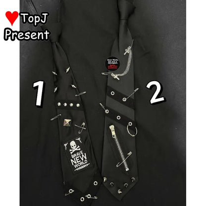 Unisex Harajuku Gothic Punk Y2K JK Tie | Skull Rivet Lazy Zipper Chain Accessory for Men & Women