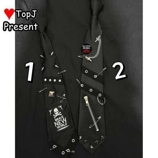 Unisex Harajuku Gothic Punk Y2K JK Tie | Skull Rivet Lazy Zipper Chain Accessory for Men & Women