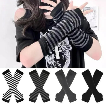 Unisex Gothic Lolita Arm Warmers | Harajuku Striped Fingerless Punk Long Wristband Y2K Gloves
