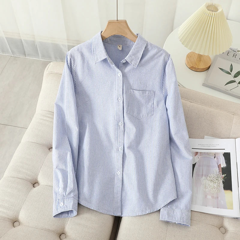 Women's Casual Cotton Oxford Shirt | Autumn Striped Blue & White Blouse & Top