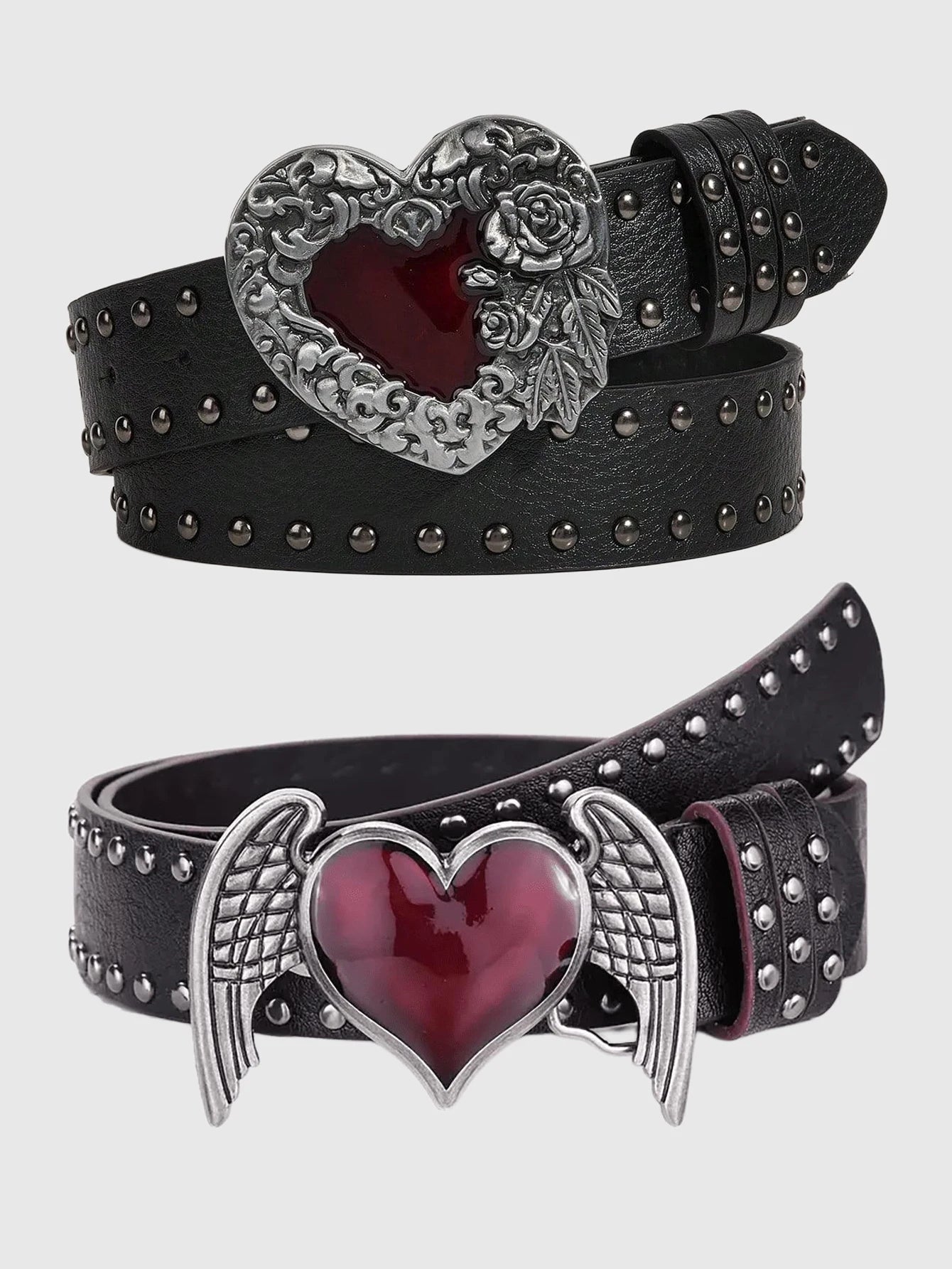 Women's Y2K Punk Gothic Rose Essential Oil Leather Belt | Rivet Heart Drop Spring Summer Waist Accessory