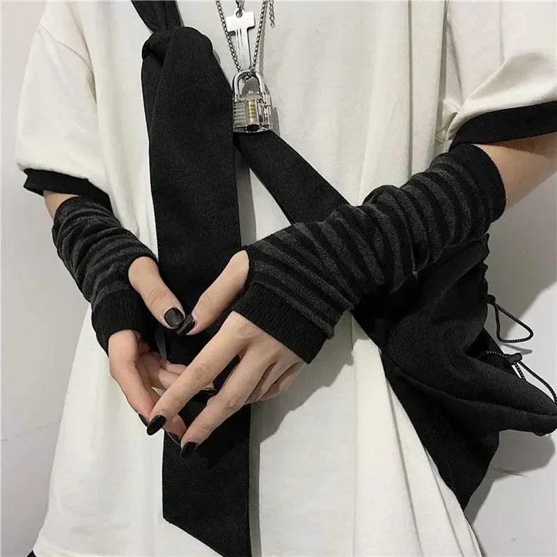 Unisex Gothic Lolita Arm Warmers | Harajuku Striped Fingerless Punk Long Wristband Y2K Gloves