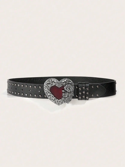 Women's Y2K Punk Gothic Rose Essential Oil Leather Belt | Rivet Heart Drop Spring Summer Waist Accessory