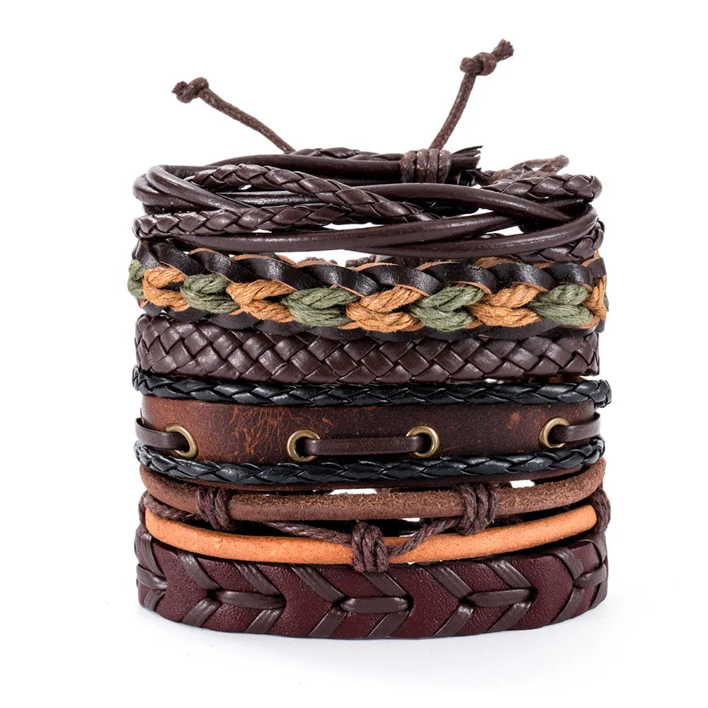 Men's Viking Leather Bracelet Woven Skull Adjustable Cuff