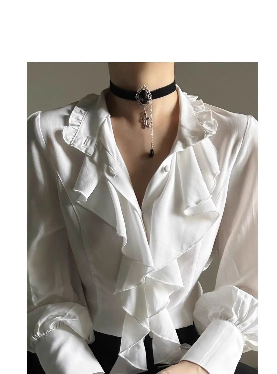 Women's Harajuku Vintage Black Bottoming Shirt | Stand Collar Ruffles Slim Japanese Victorian Long Sleeve Blouse