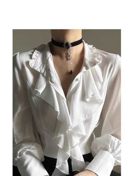 Women's Harajuku Vintage Black Bottoming Shirt | Stand Collar Ruffles Slim Japanese Victorian Long Sleeve Blouse
