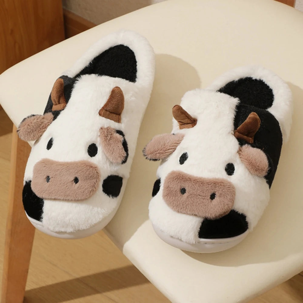 Cartoon Cow Plush Slippers – Warm Anti-Slip Indoor House Shoes for Men and Women