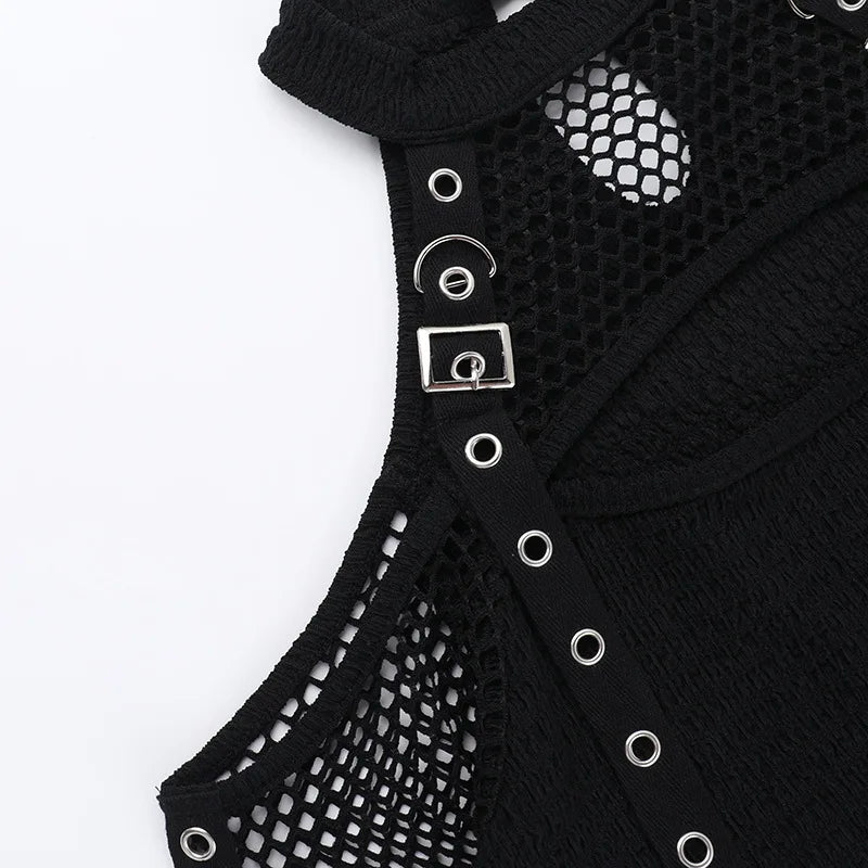 Women's Goth Dark Punk Fishnet Patchwork Off-Shoulder T-Shirt | Halter Crop Top Mall Gothic Streetwear