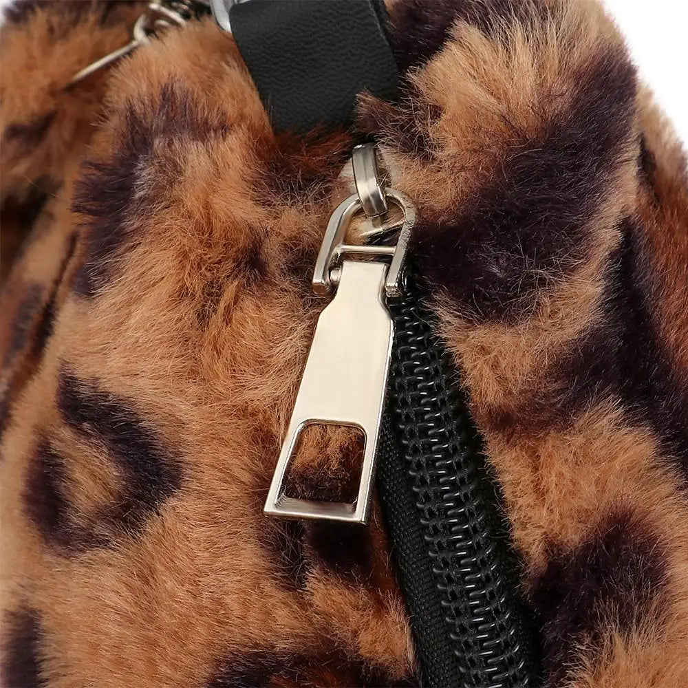 Women's Animal Print Leopard Plush Shoulder Bag | Casual Crossbody Messenger Bag for Ladies