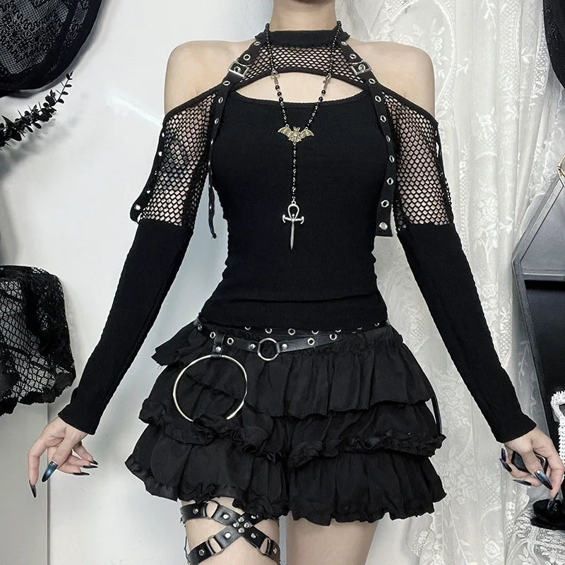 Women's Goth Dark Punk Fishnet Patchwork Off-Shoulder T-Shirt | Halter Crop Top Mall Gothic Streetwear