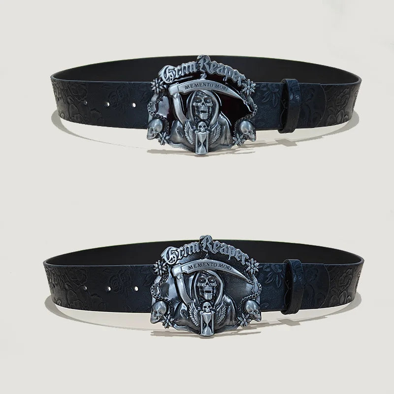 Men's Gothic Punk Skull Embossed Leather Belt Skeleton Reaper and Snake Designs