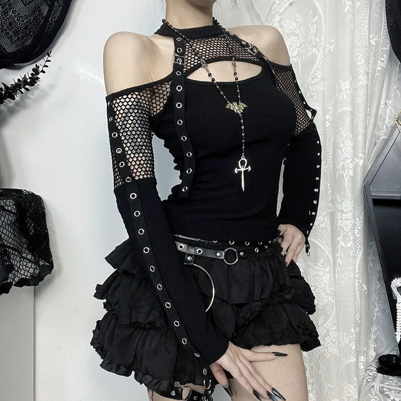 Women's Goth Dark Punk Fishnet Patchwork Off-Shoulder T-Shirt | Halter Crop Top Mall Gothic Streetwear