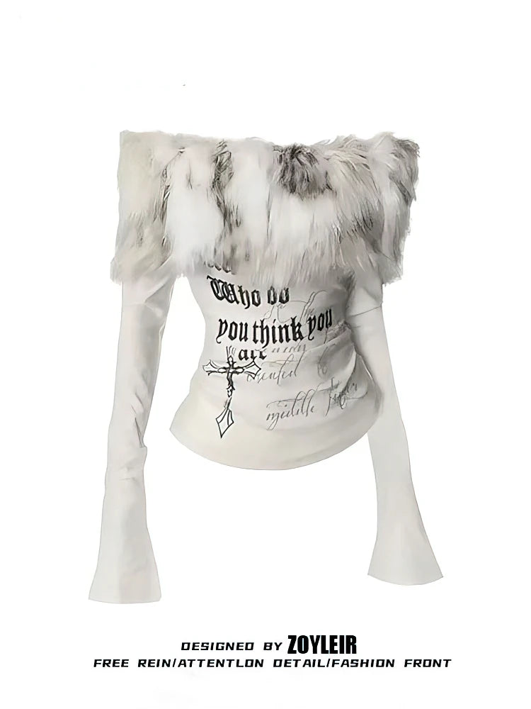 Women's Luxury Fur Graphic Long Sleeve T-Shirt | Y2K Off-Shoulder Vintage Blouse Tee