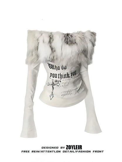 Women's Luxury Fur Graphic Long Sleeve T-Shirt | Y2K Off-Shoulder Vintage Blouse Tee