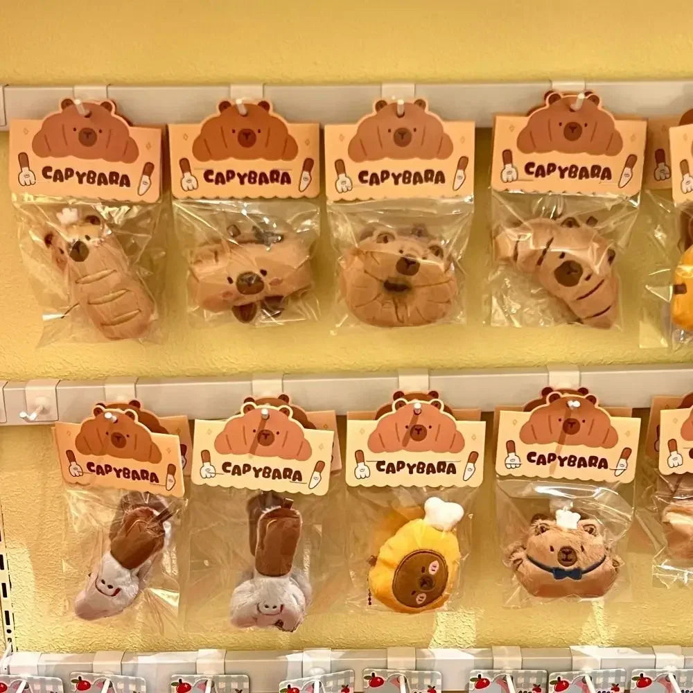 Cartoon Capybara & Croissant Plush Keychain | Soft Bread Food Stuffed Hanging Accessory