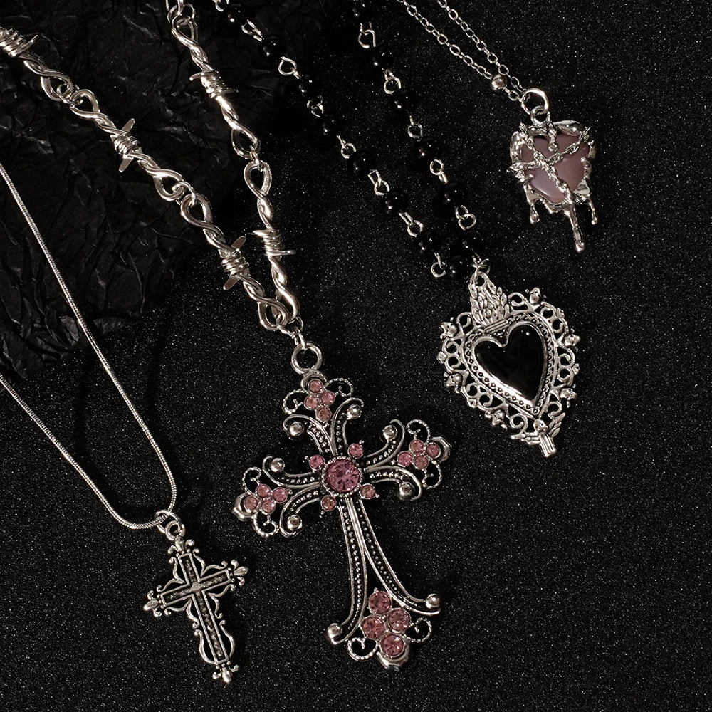 Y2K Rhinestone Heart and Cross Pendant Necklace for Women