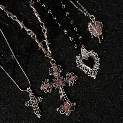 Y2K Rhinestone Heart and Cross Pendant Necklace for Women