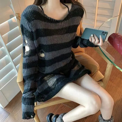 Women's Punk Gothic Hollow Out Sweater | Unisex Striped Loose Rock Dark Streetwear Top