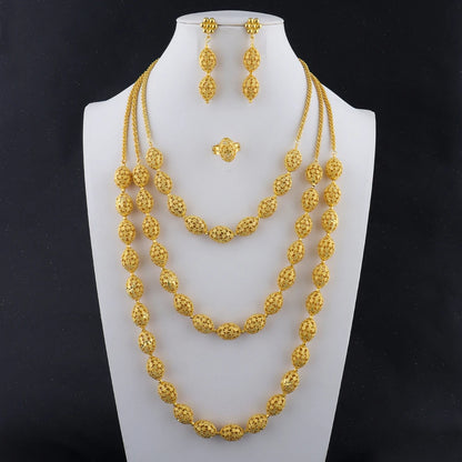 Women's Indian African Ethiopian Jewelry Set | Gold Color Hollow Oval Necklace, Earrings & Ring