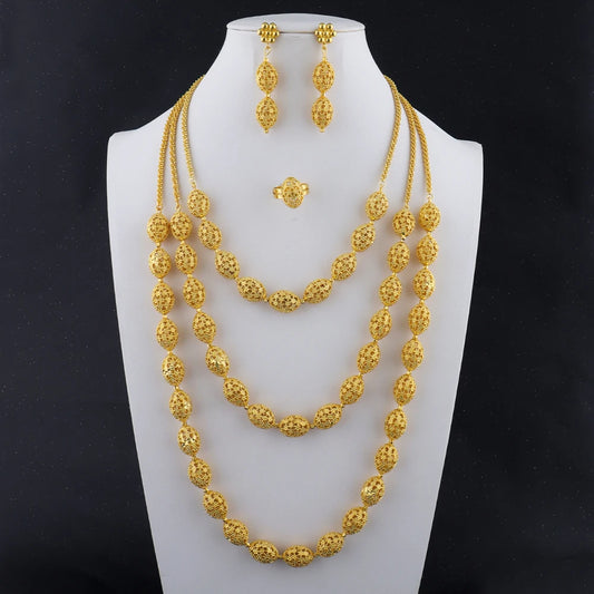 Women's Indian African Ethiopian Jewelry Set | Gold Color Hollow Oval Necklace, Earrings & Ring