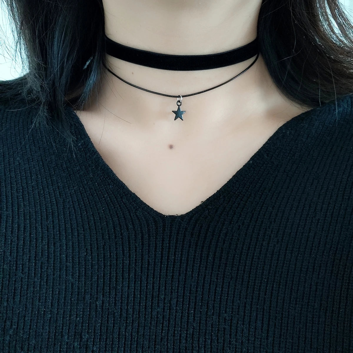 Women's Black Velvet Choker Necklace | Double Pentagram Pendant Gothic Accessories