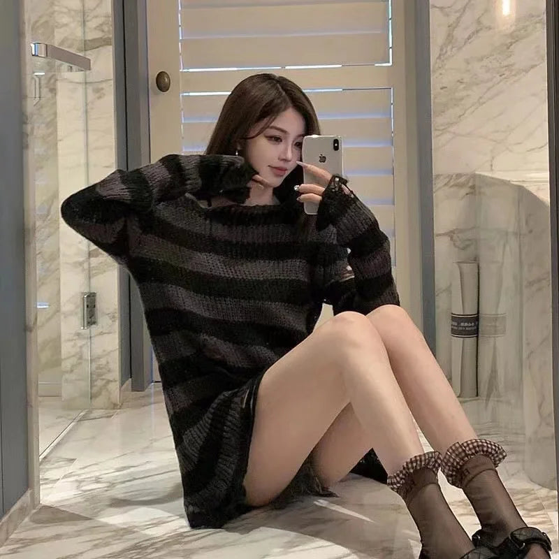 Women's Punk Gothic Hollow Out Sweater | Unisex Striped Loose Rock Dark Streetwear Top