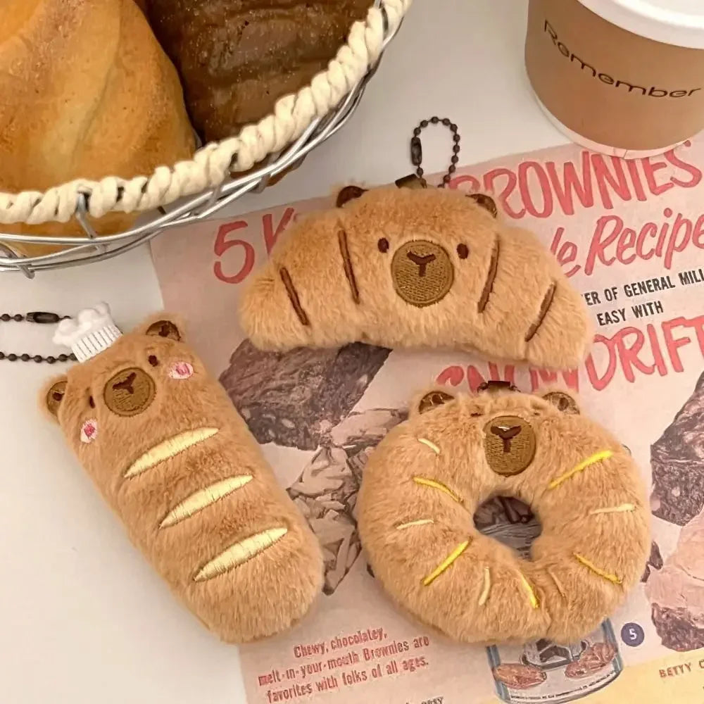 Cartoon Capybara & Croissant Plush Keychain | Soft Bread Food Stuffed Hanging Accessory