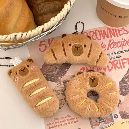 Cartoon Capybara & Croissant Plush Keychain | Soft Bread Food Stuffed Hanging Accessory