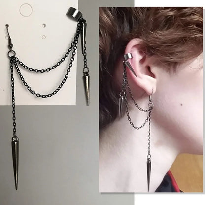 Men's Retro Punk Chain Tassel Earrings – Black Gothic Dangle Ear Cuff for Alt, Grunge & Streetwear Style