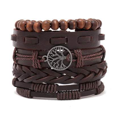 Men's Viking Leather Bracelet Woven Skull Adjustable Cuff