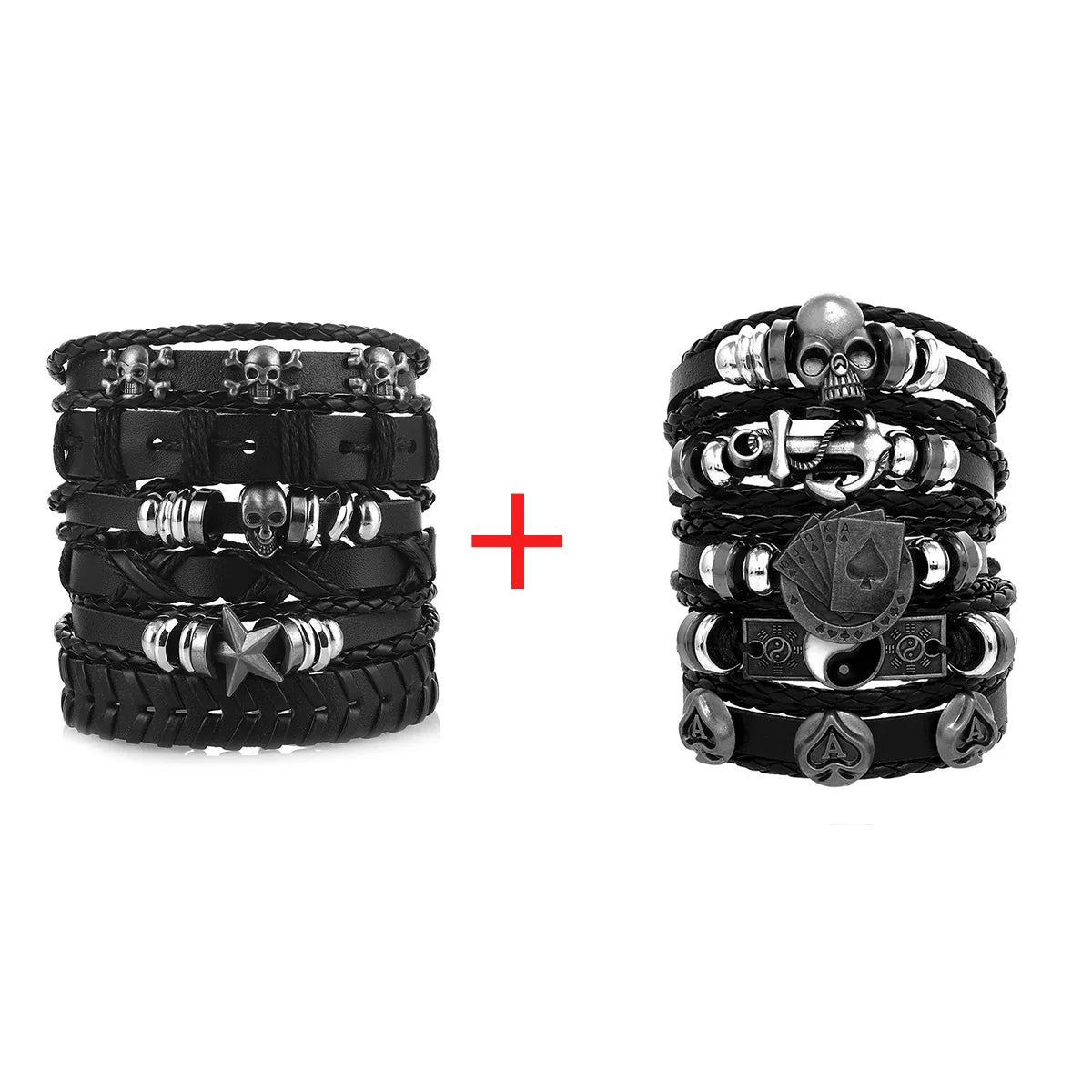 Men's Viking Leather Bracelet Woven Skull Adjustable Cuff