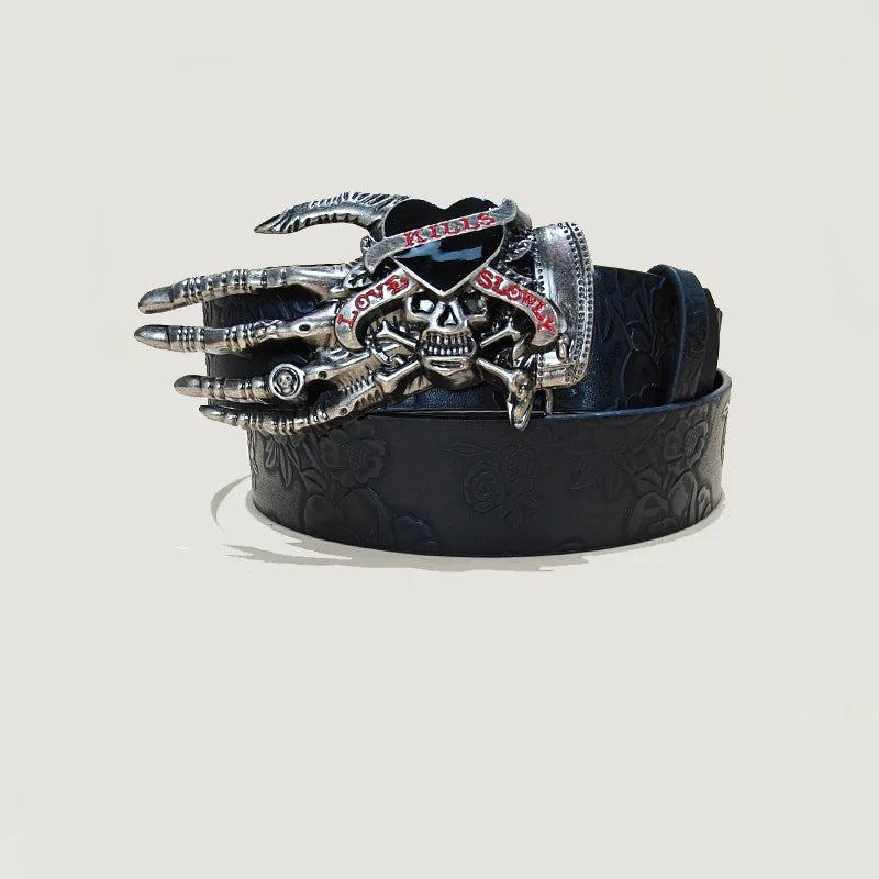 Men's Gothic Punk Skull Embossed Leather Belt Skeleton Reaper and Snake Designs