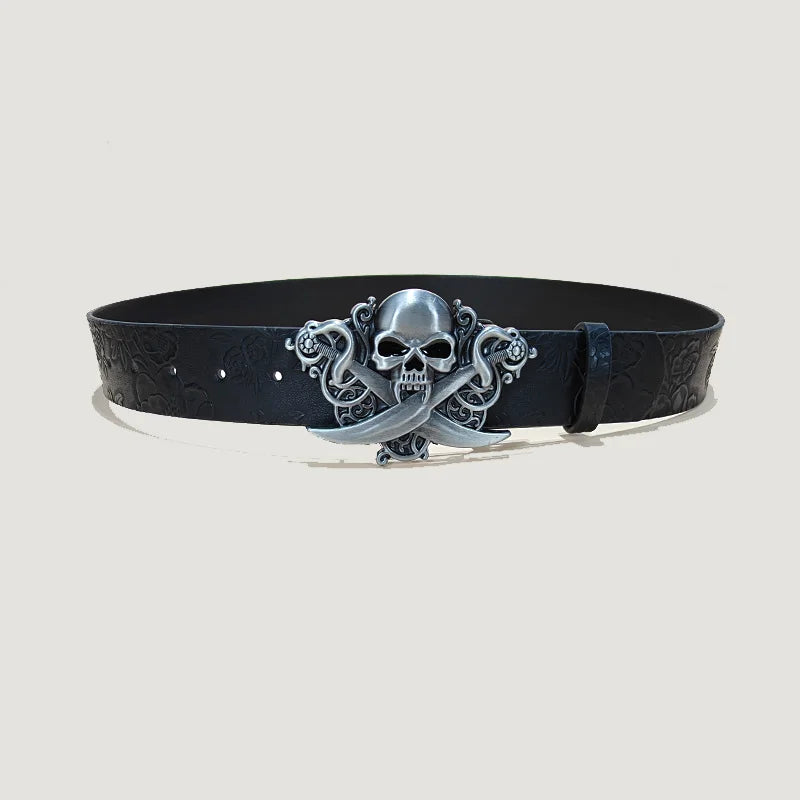 Men's Gothic Punk Skull Embossed Leather Belt Skeleton Reaper and Snake Designs