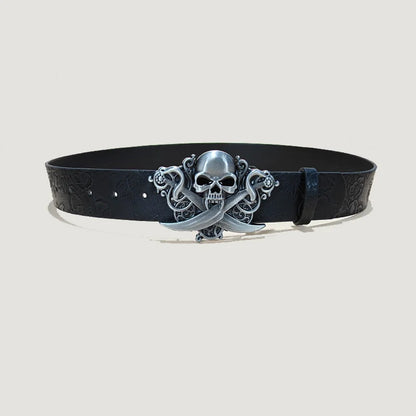 Men's Gothic Punk Skull Embossed Leather Belt Skeleton Reaper and Snake Designs