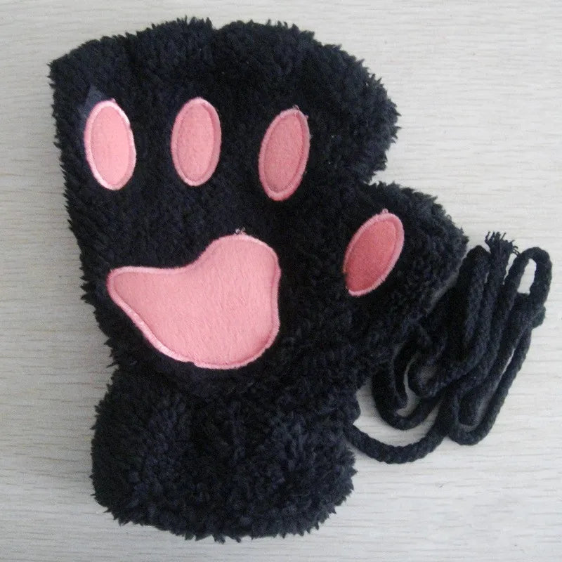Cat Paw Plush Mittens – Cute Fingerless Fluffy Gloves for Women