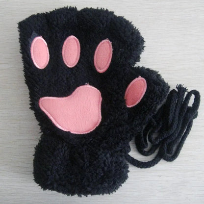 Cat Paw Plush Mittens – Cute Fingerless Fluffy Gloves for Women