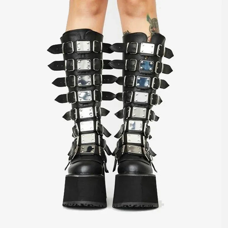 Women's Gothic Platform Wedge Mid-Calf Boots – Buckle Strap PU Leather | EU 35–43, 3 Colors