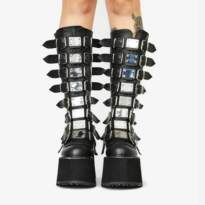 Women's Gothic Platform Wedge Mid-Calf Boots – Buckle Strap PU Leather | EU 35–43, 3 Colors