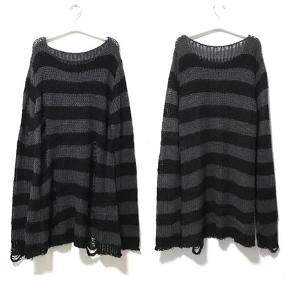 Women's Punk Gothic Hollow Out Sweater | Unisex Striped Loose Rock Dark Streetwear Top