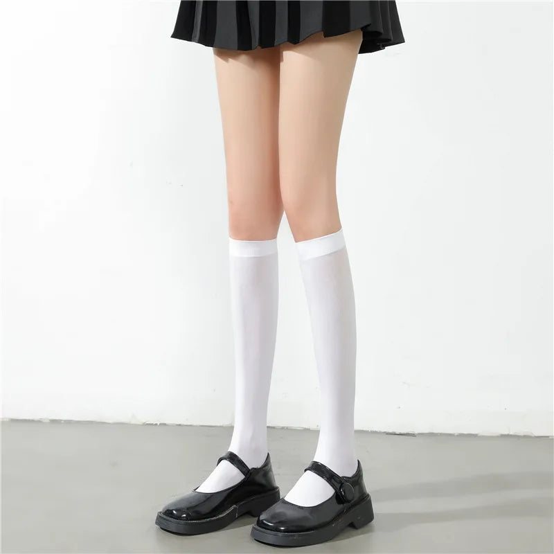 Women's Ultrathin Silk Nylon Stockings | Black & White Over-the-Knee Thigh High Skinny Leg Socks