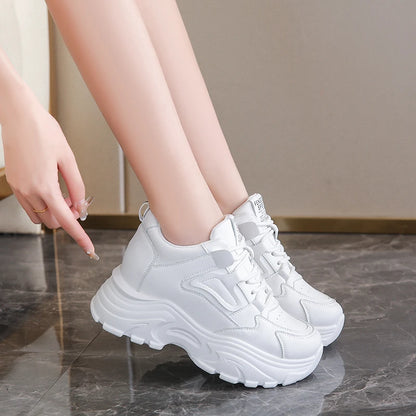 Rimocy Women's White Platform Sneakers – 7cm Chunky Sole PU Leather Lace-Up Shoes