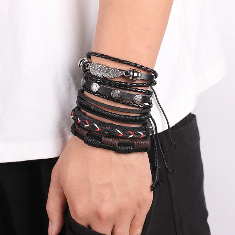 Men's Viking Leather Bracelet Woven Skull Adjustable Cuff