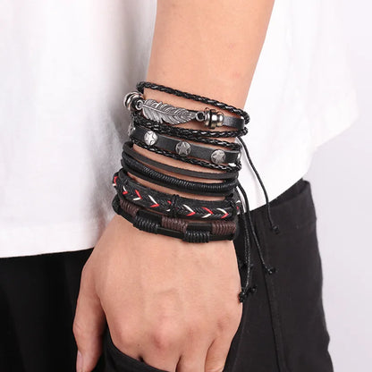 Men's Viking Leather Bracelet Woven Skull Adjustable Cuff