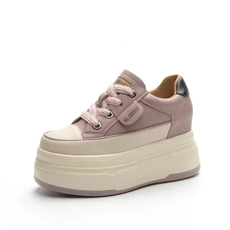 Fujin Women's Platform Sneakers – 9cm Genuine Leather High Heel Casual Shoes