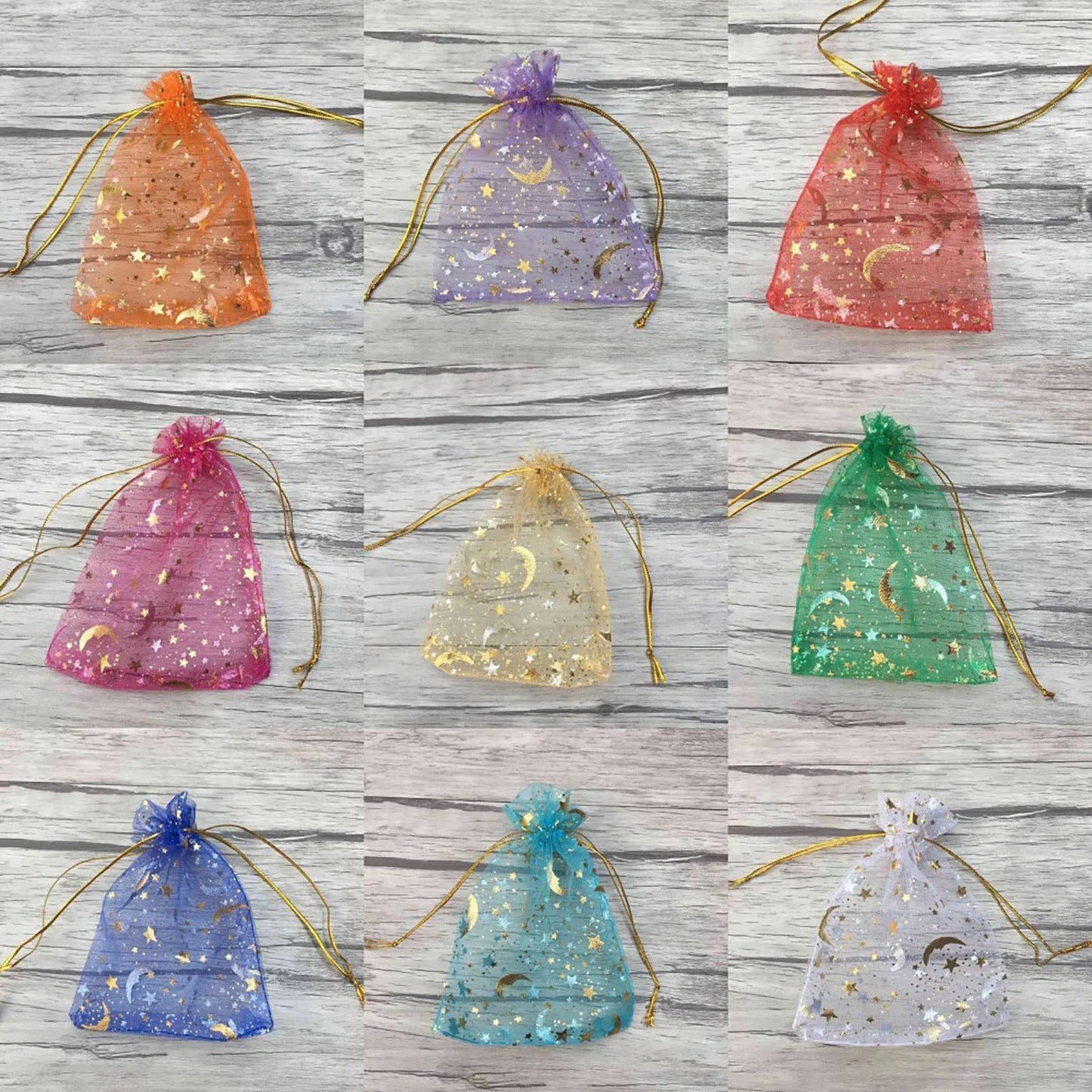 Moon & Stars Drawstring Organza Gift Bags | 50pcs Gold Star Favor Pouches for Weddings & Christmas