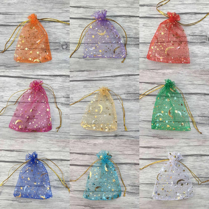 Moon & Stars Drawstring Organza Gift Bags | 50pcs Gold Star Favor Pouches for Weddings & Christmas