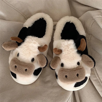 Cartoon Cow Plush Slippers – Warm Anti-Slip Indoor House Shoes for Men and Women